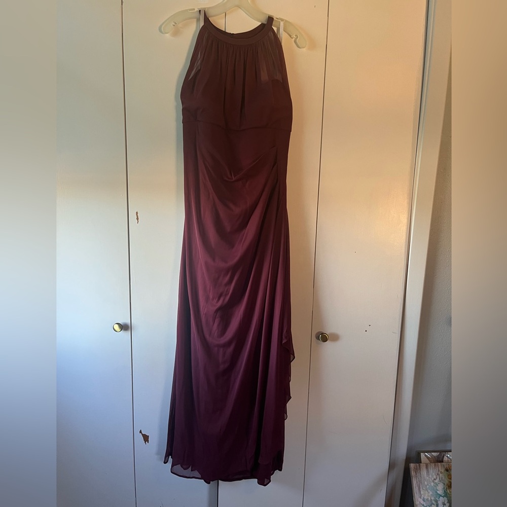 David's Bridal Burgundy Illusion Mesh Cutout Top Dress